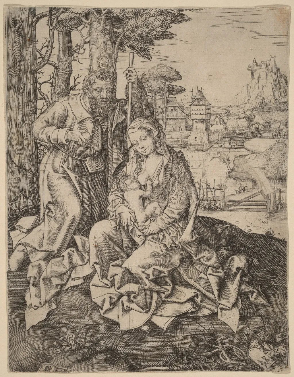 The Holy Family in a Landscape, by Jan the Elder Rombouts, ink, 1528