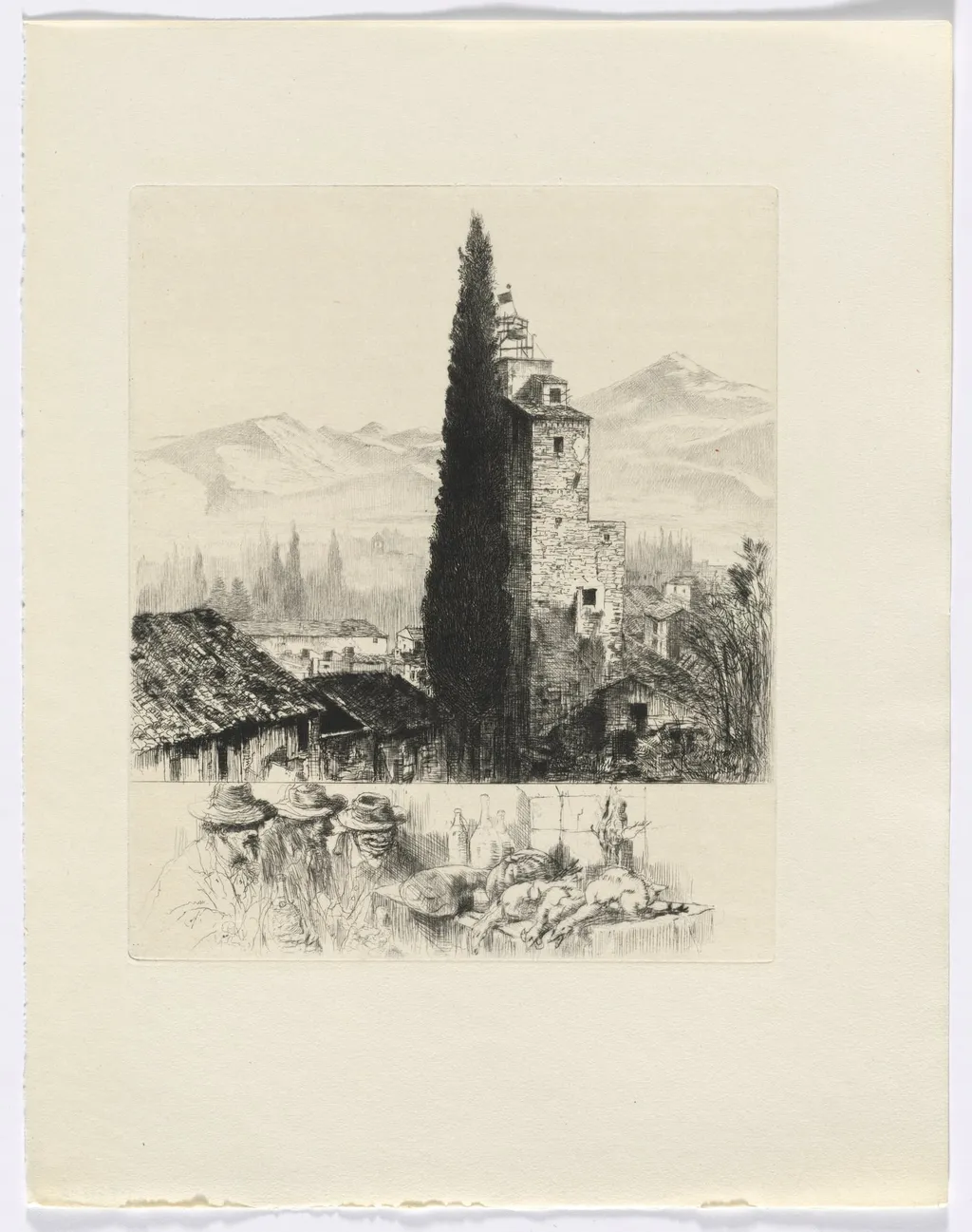 Frédéric Mistral: Mémoires et Recits by Frédéric Mistral: tower in landscape/ man and dead game (insert after p. 200), by Auguste Brouet, 1937