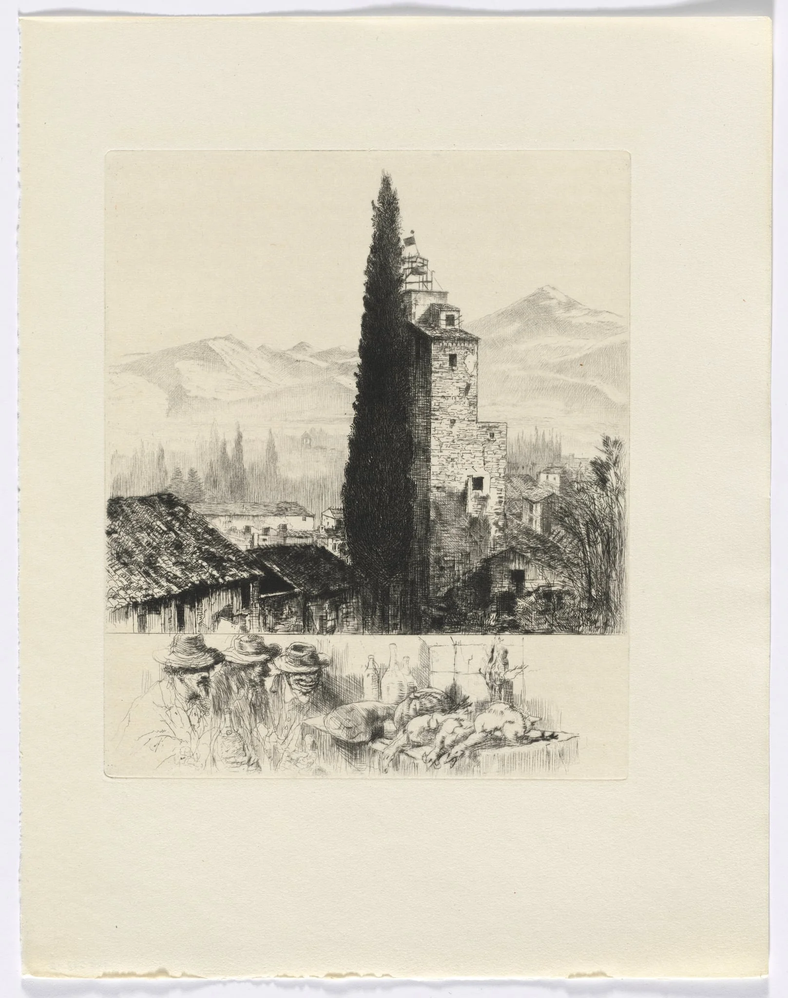 Frédéric Mistral: Mémoires et Recits by Frédéric Mistral: tower in landscape/ man and dead game (insert after p. 200), detail