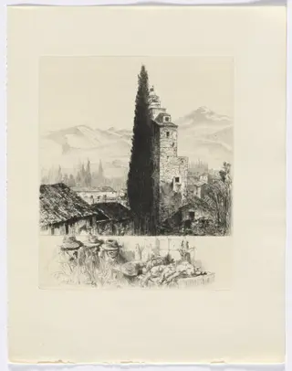 Frédéric Mistral: Mémoires et Recits by Frédéric Mistral: tower in landscape/ man and dead game (insert after p. 200), by Auguste Brouet, 1937