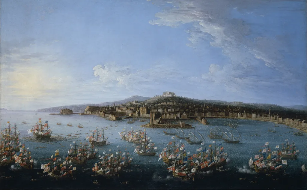 Carlos III leaving the Port of Naples, as Seen from the Sea, by Antonio Joli, oil, 1759