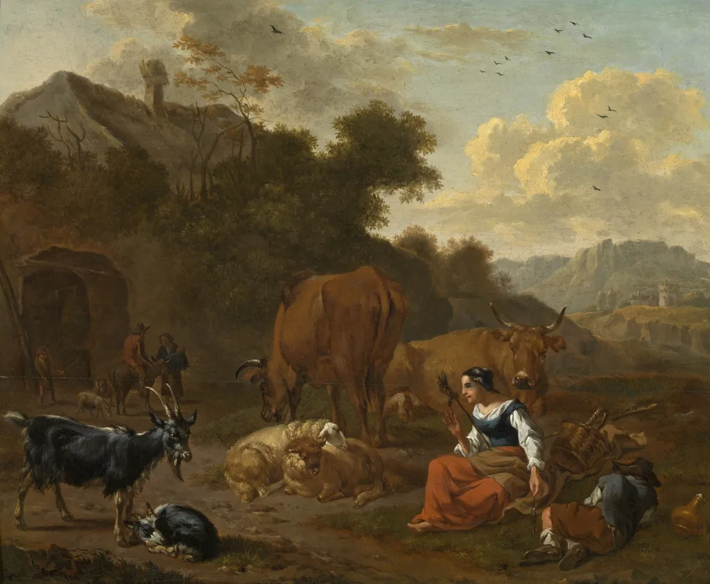 Landscape with a Spinner and Cattle, by Dirck van der Bergen, oil, 1682