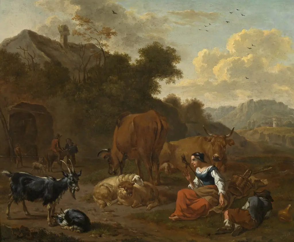 Landscape with a Spinner and Cattle, by Dirck van der Bergen, oil, 1682