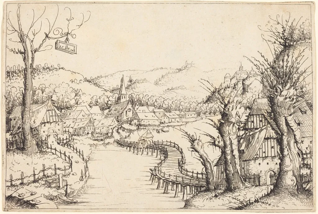 River Landscape with Wooden Bridge, by Augustin Hirschvogel, ink, 1546