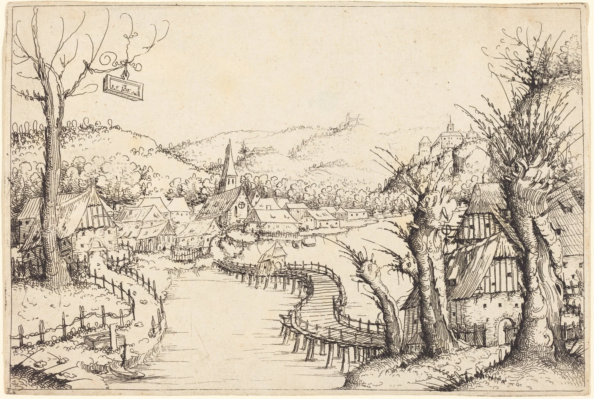 River Landscape with Wooden Bridge, detail