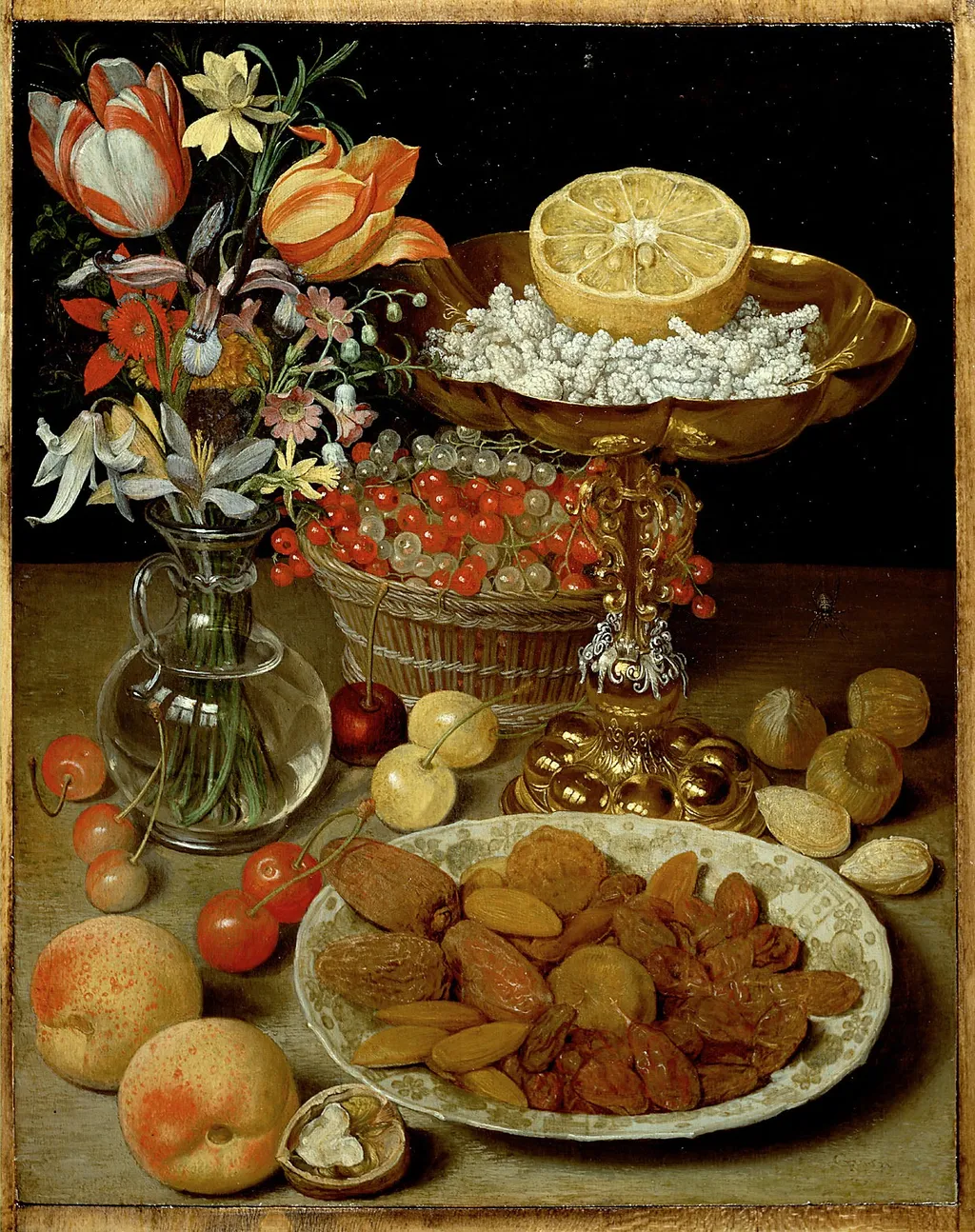 Dessertstilleben mit Blumenstrauß, by Georg Flegel, unspecified, 1632
