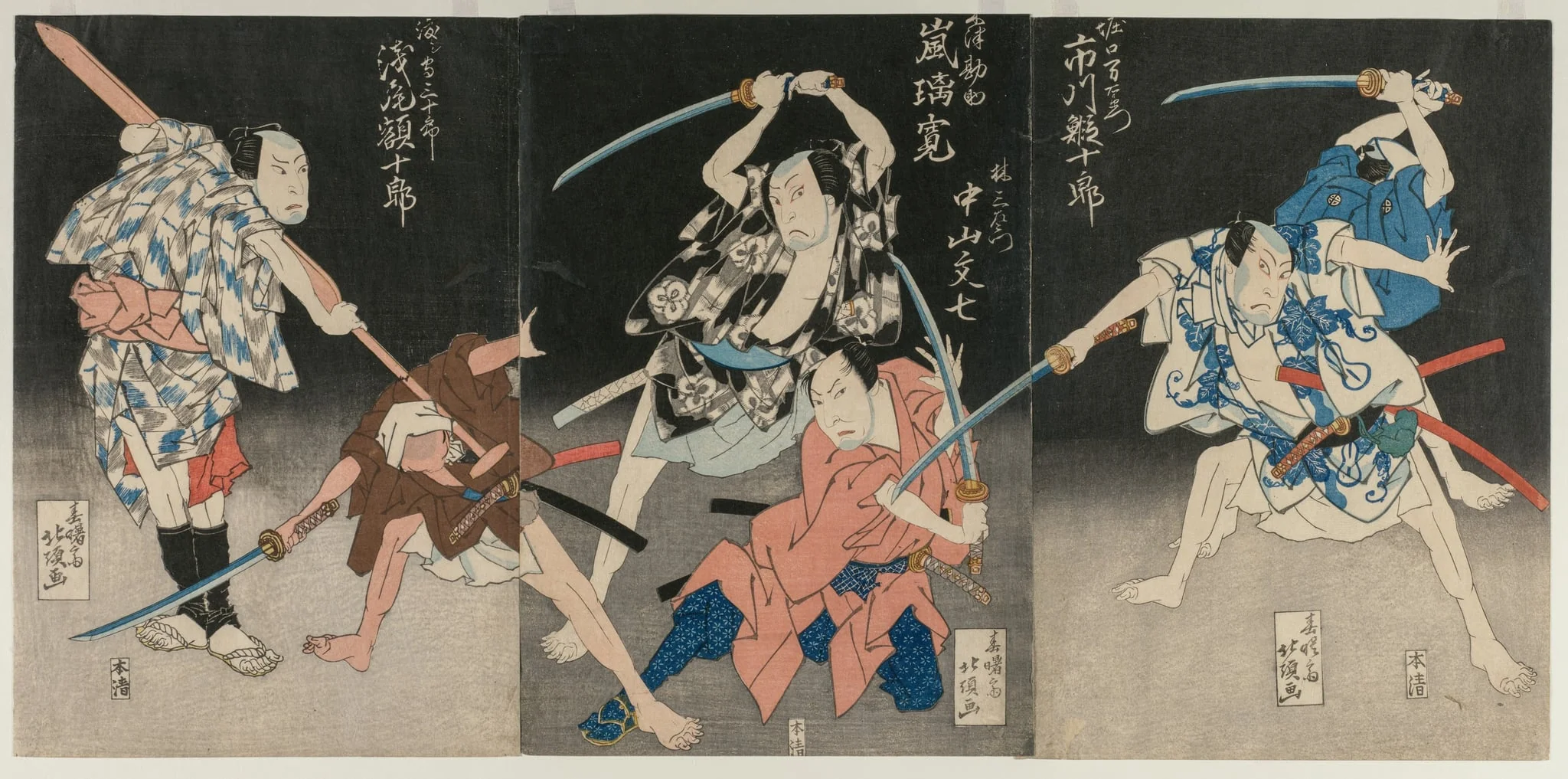 Ichikawa Ebijūrō II as Horiguchi Manzaemon (right), Arashi Rikan II as Kizu Kansuke, Nakayama Bunshichi III as Hayashi Sanzemon (center), and Asao Gakujurō as the Ferryman Sanjūrō (left) from the Kabuki Play "Eight Views of the Kizu River by Boating Song", detail