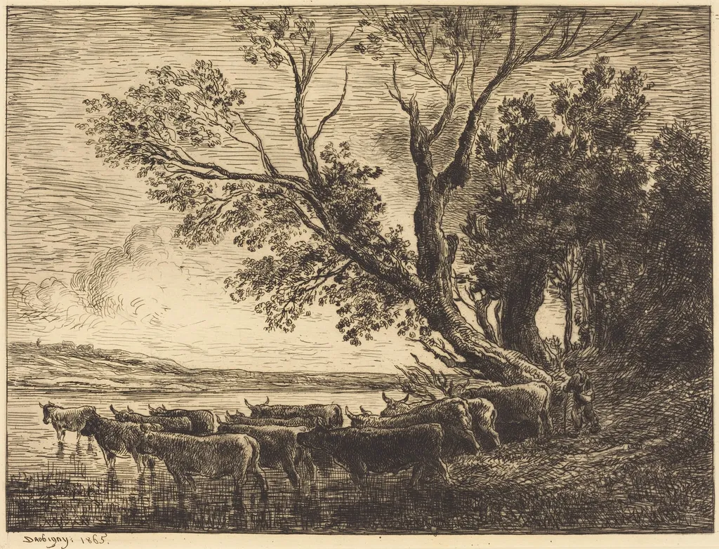 The Ford (Le Gue), by Charles François Daubigny, ink, 1865