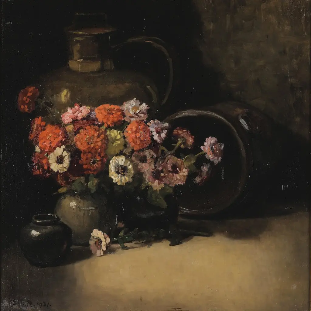 Zinnias, by Dorothy Kate Richmond, oil, 1921