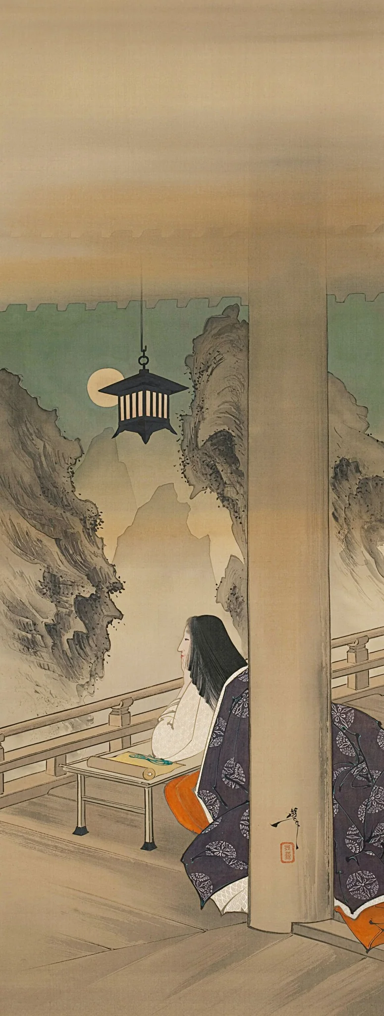 Murasaki Shikibu at Ishiyamadera Temple, based on the print “The Moon at Ishiyama,” from the series One Hundred Aspects of the Moon (Tsuki hyakushi: Ishiyama no tsuki), detail