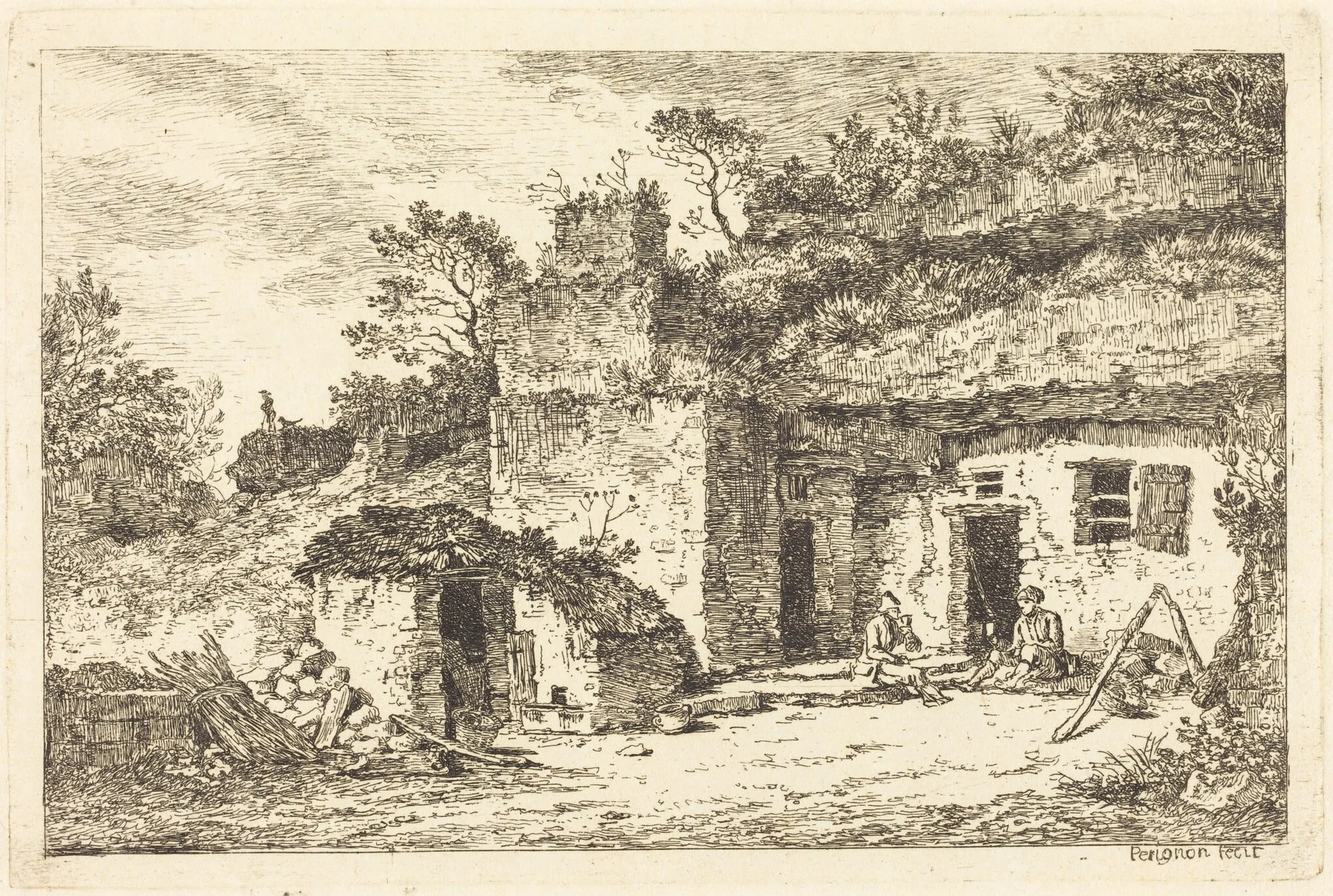 A Cottage with Two Men Seated at the Doorway, detail