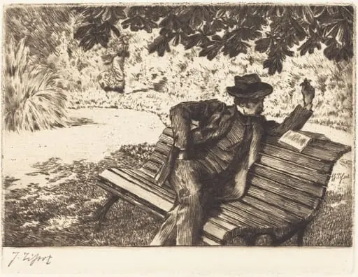 Denoisel Reading in the Garden, by James Jacques Joseph Tissot, ink, 1882