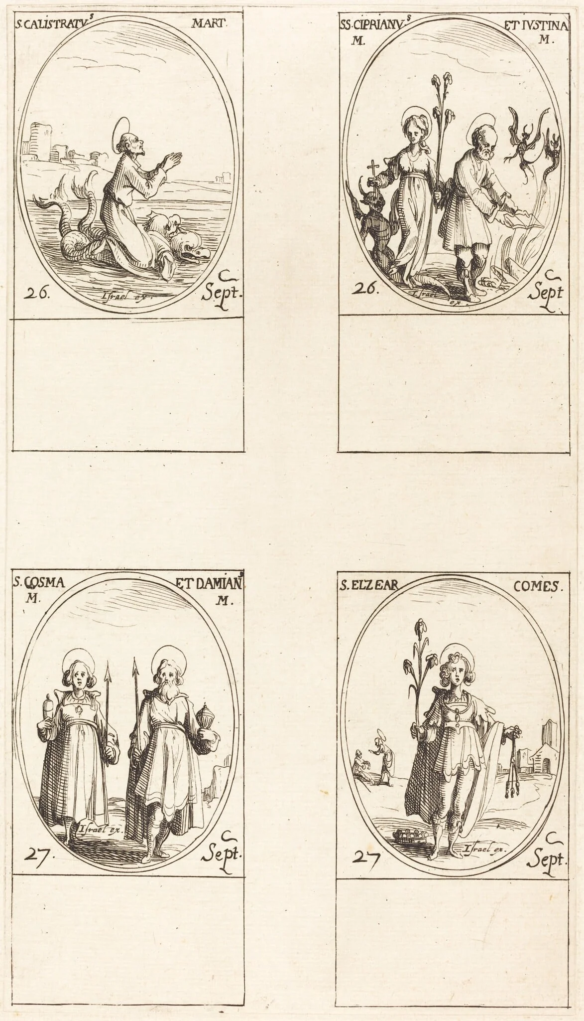 St. Calistratus; Sts. Cyprian and Justina; Sts. Comus and Damian; St. Elzear, Count, detail