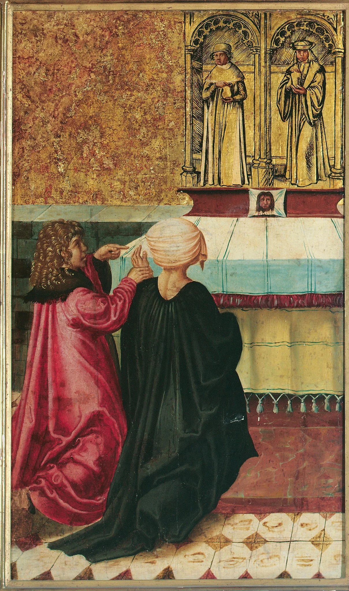 A Man Commands his Wife to St Cosmas and Damian, detail