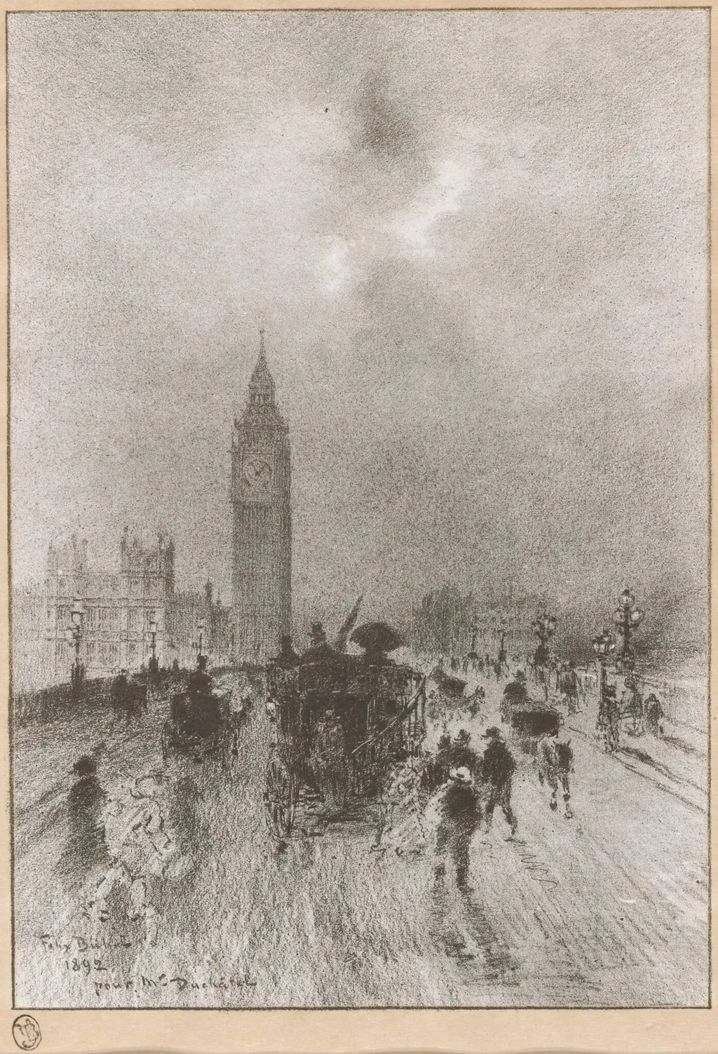 The Victoria Clock Tower London, by Félix-Hilaire Buhot, ink, 1892