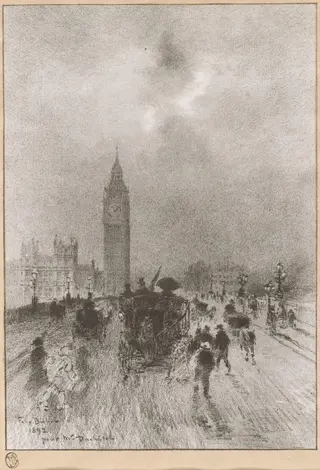 The Victoria Clock Tower London, by Félix-Hilaire Buhot, ink, 1892