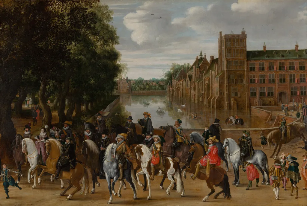 The Princes of Orange and their Families on Horseback, Riding Out from The Buitenhof, The Hague, by Paulus van Hillegaert, oil, 1621