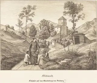 Mittwoch - Fusspfad auf dem Mönchsberge bey Salzburg (Wednesday - Footpath on the Mönchsberge near Salzburg), by Ferdinand Olivier, ink, 1823