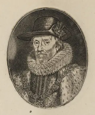 James I, King of England [top half], by Simon van de Passe, ink, 1621