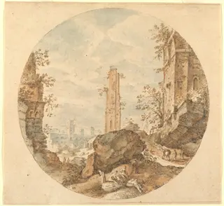 Travellers among Roman Ruins, by Pieter Stevens, ink, 1596