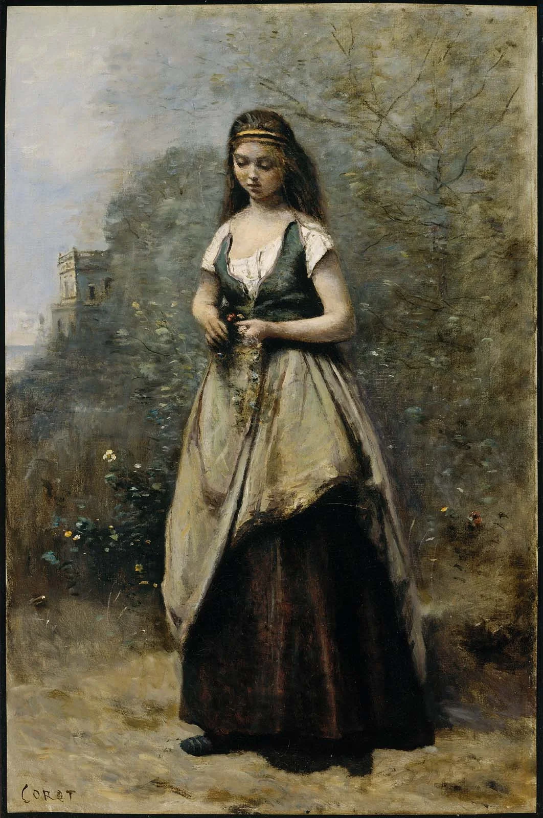 Young Woman Weaving a Wreath of Flowers, detail
