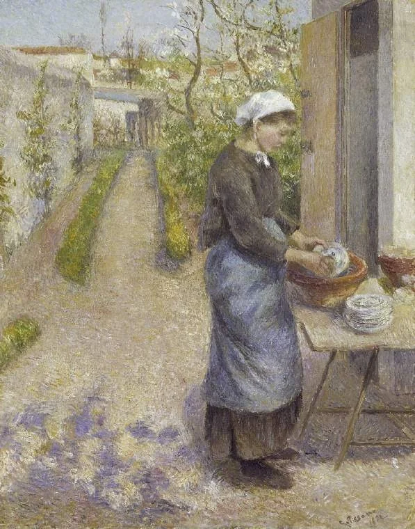 In the Garden at Pontoise: A Young Woman Washing Dishes, detail