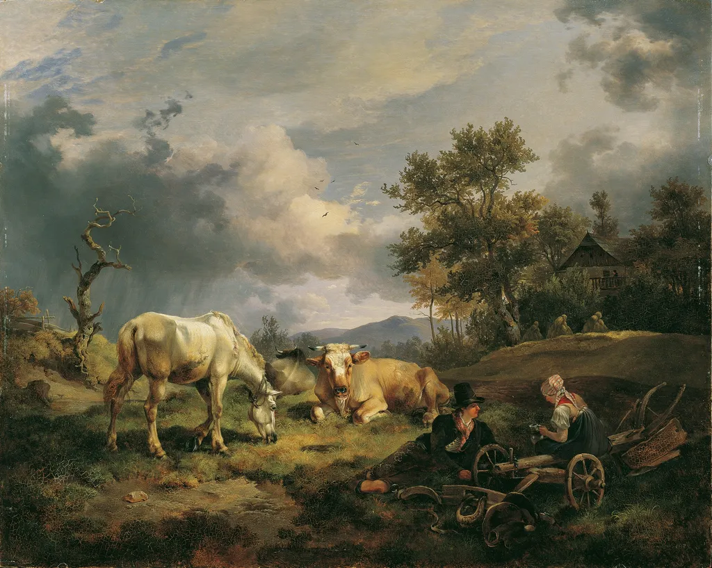 Cow shepherds resting in the meadow next to their cows, by Friedrich Gauermann, oil, 1829