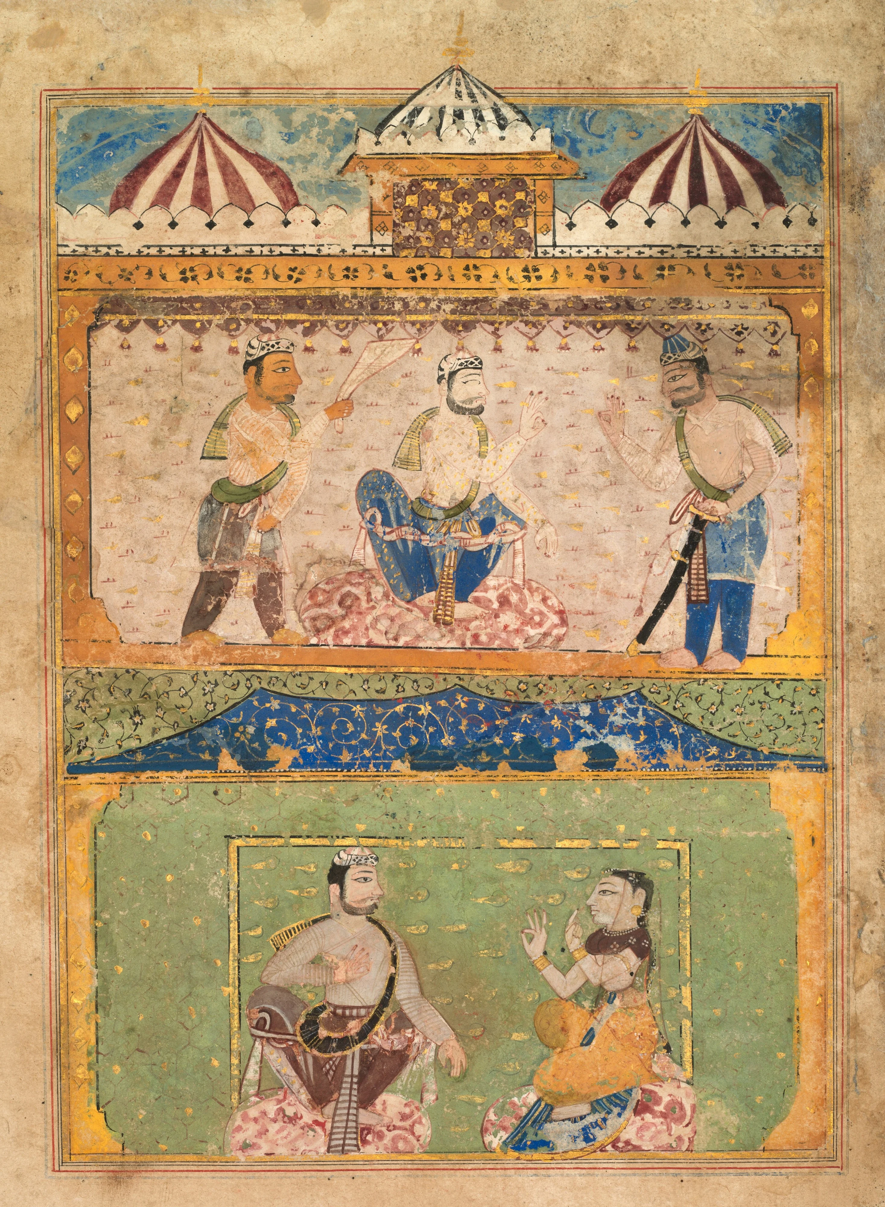 A Traveler Persuades Lorik to Return Home (top); Chanda Objects (bottom), from a Chandayana (Story of Chanda), detail