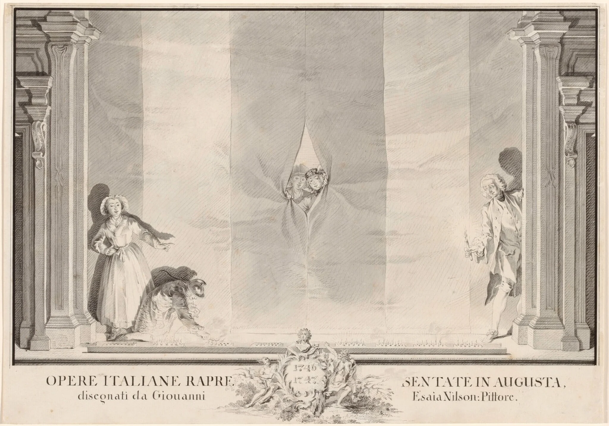 Two Actors Peeking through a Theater Curtain while Others Prepare the Footlights, detail