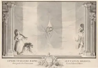 Two Actors Peeking through a Theater Curtain while Others Prepare the Footlights, by Johann Esaias Nilson, ink, 1754