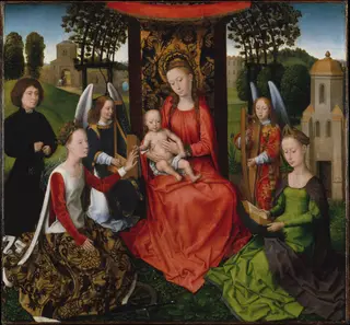 Virgin and Child with Saints Catherine of Alexandria and Barbara, by Hans Memling, oil, 1490