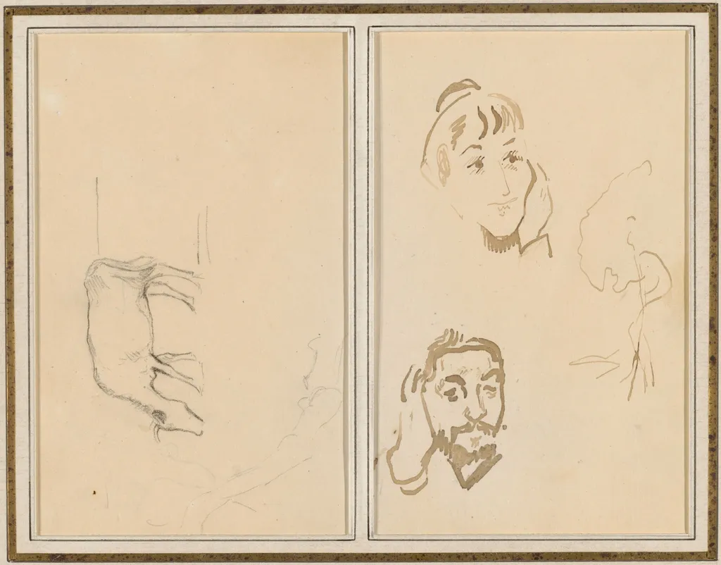A Grazing Cow; Head of a Woman with Her Hand on Her Cheek, and Head of a Man with His Hand on His Ear [verso], by Paul Gauguin, ink, 1886