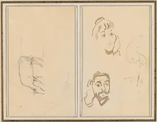 A Grazing Cow; Head of a Woman with Her Hand on Her Cheek, and Head of a Man with His Hand on His Ear [verso], by Paul Gauguin, ink, 1886