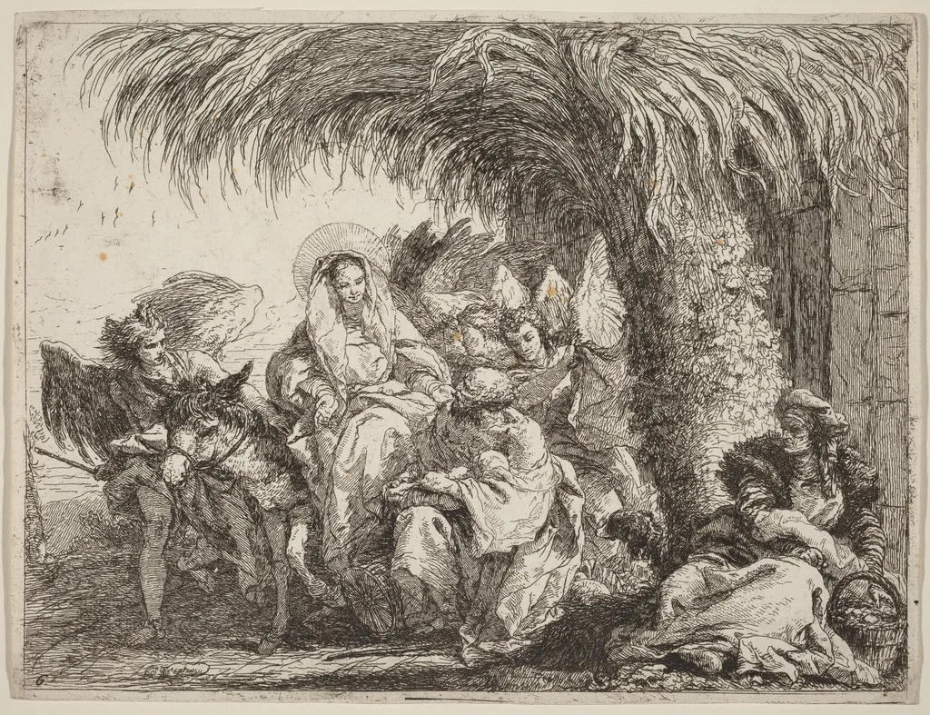 Joseph Kneels with the Child before Mary on the Donkey, by Giovanni Domenico Tiepolo, ink, 1753