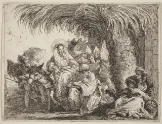 Joseph Kneels with the Child before Mary on the Donkey, by Giovanni Domenico Tiepolo, ink, 1753
