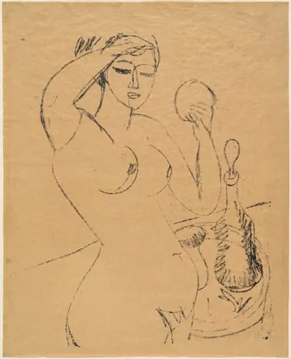 Nude Girl at her Toilette, by Ernst Ludwig Kirchner, ink, 1912