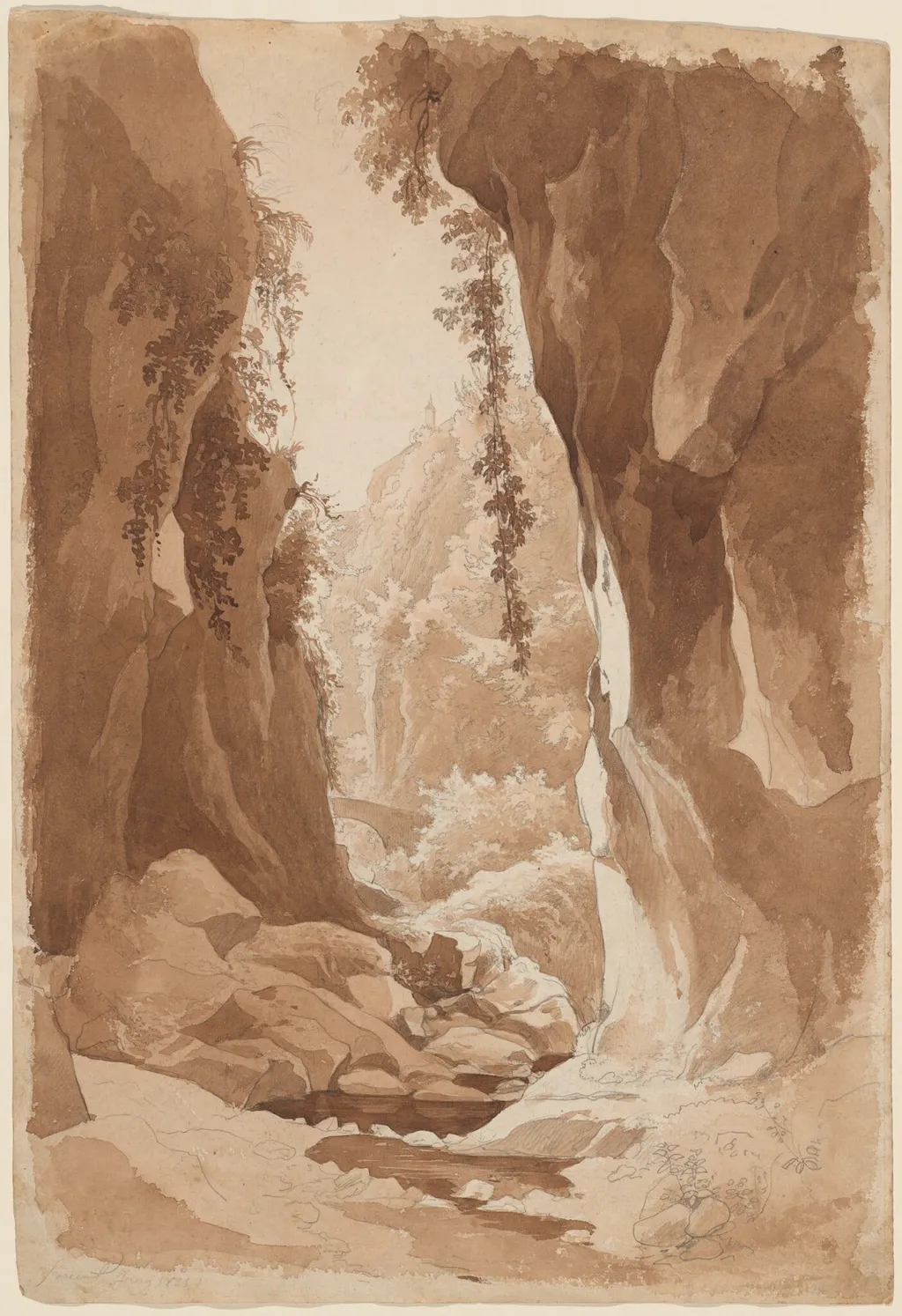 Cliffs Overhanging a River Gorge near Sorrento (recto), by Johann Joachim Faber, graphite, 1823
