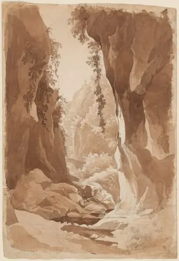 Cliffs Overhanging a River Gorge near Sorrento (recto), by Johann Joachim Faber, graphite, 1823