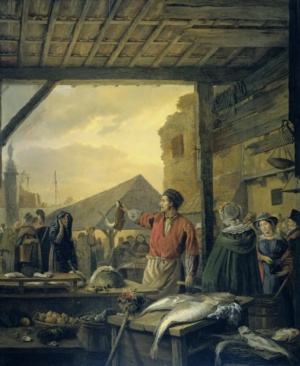 Fish Market in Antwerp, by Ignatius Josephus Van Regemorter, oil, 1827