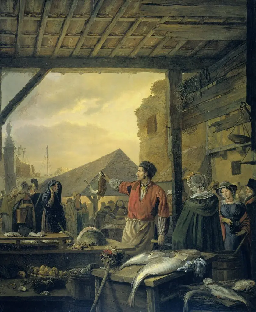 Fish Market in Antwerp, by Ignatius Josephus Van Regemorter, oil, 1827