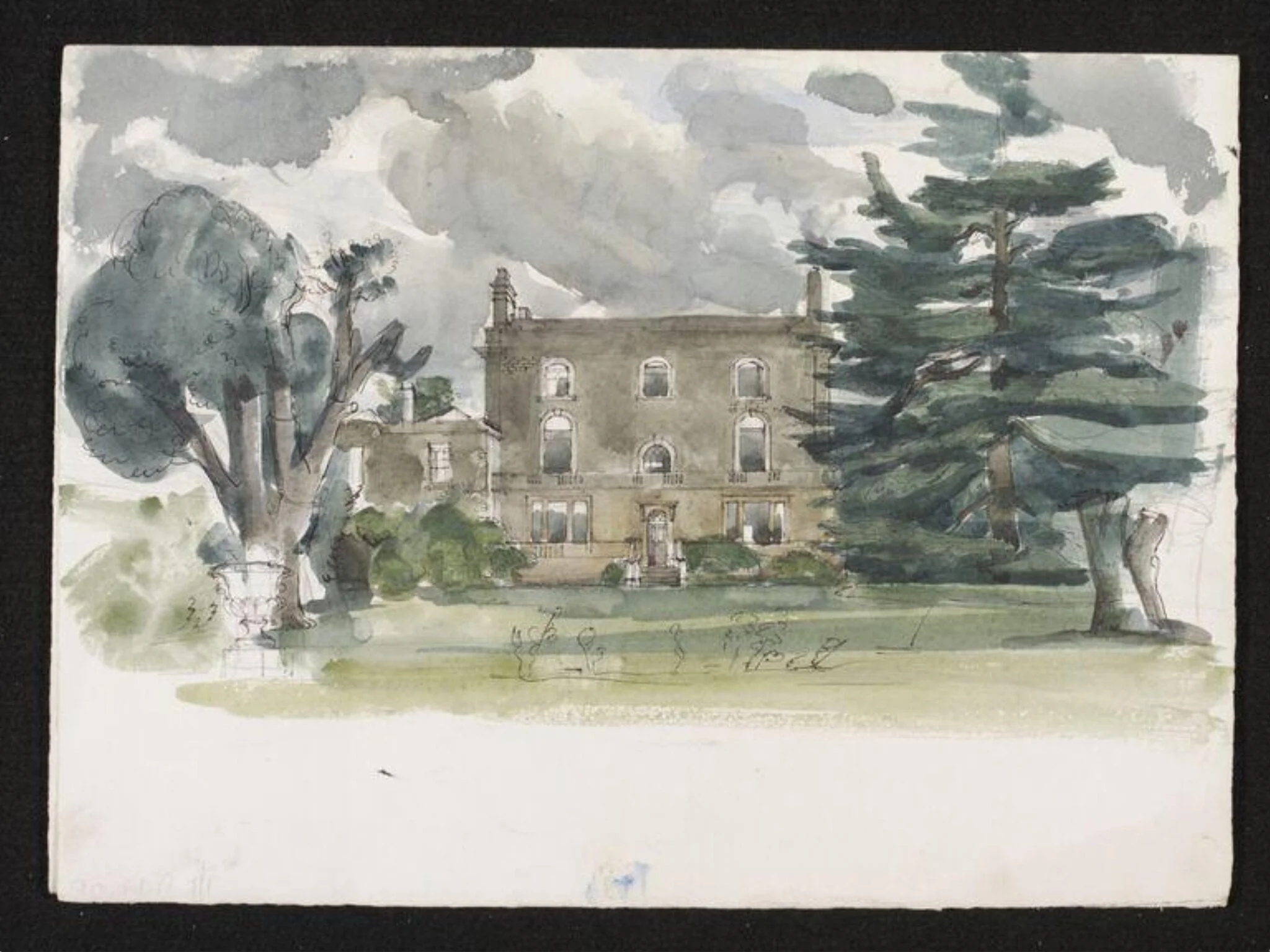 View of large stone house with lawn in front and large trees on either side, detail