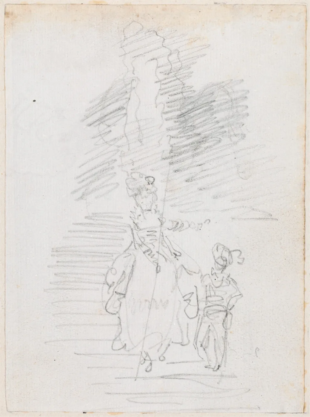 Woman and Smaller Male Figure on Grand Stairway [recto], by Hubert Robert, chalk, 1760