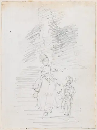 Woman and Smaller Male Figure on Grand Stairway [recto], by Hubert Robert, chalk, 1760
