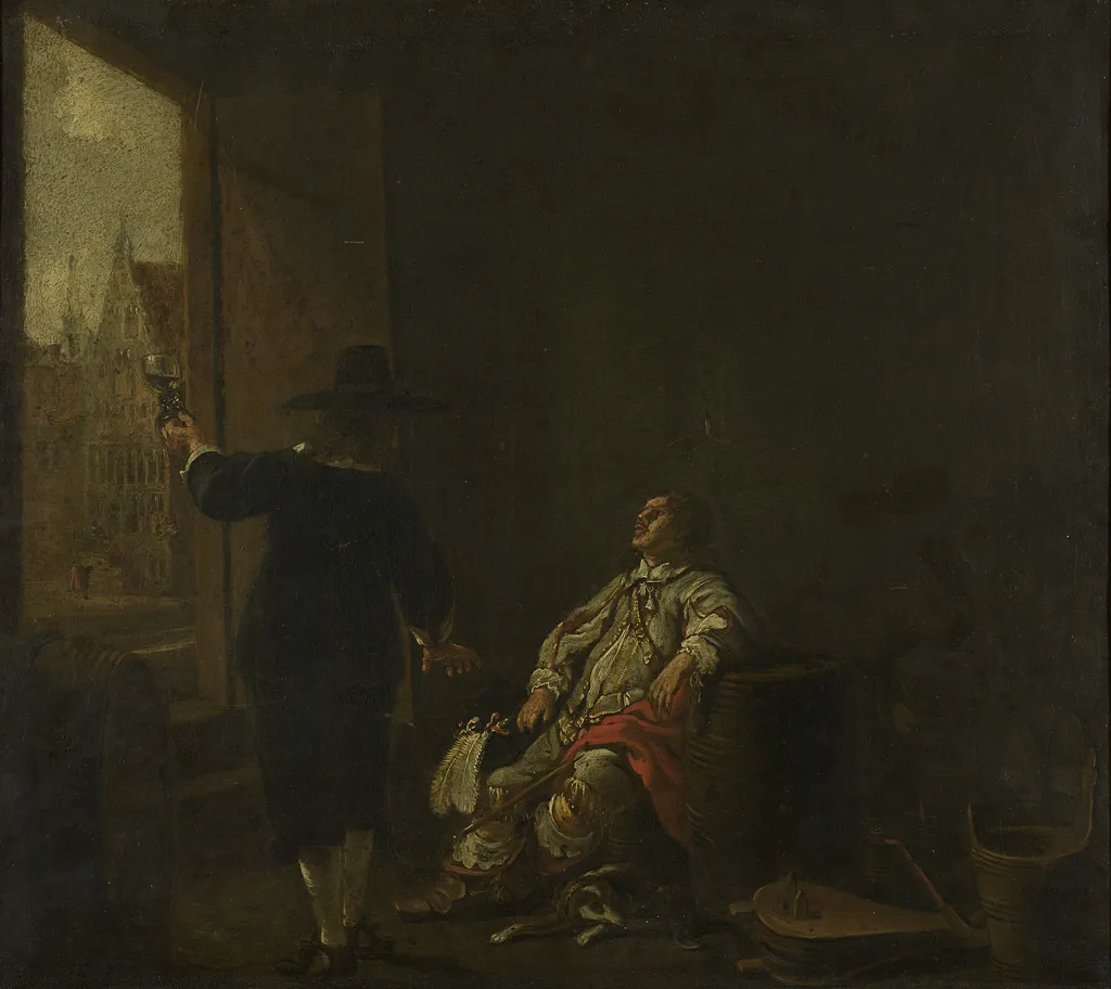 Signboard of a wineshop: tasting the wine (one side); barreling the wine (other side), by Aelbert Cuyp, oil, 1650