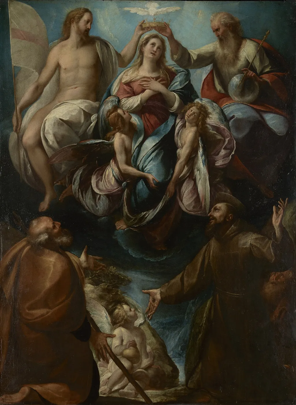 Coronation of the Virgin with Saints Joseph and Francis of Assisi, by Giulio Cesare Procaccini, oil, 1604