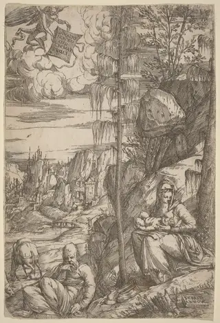 Landscape with the Rest on the Flight into Egypt, by Sebastiano de Valentinis, ink, 1544