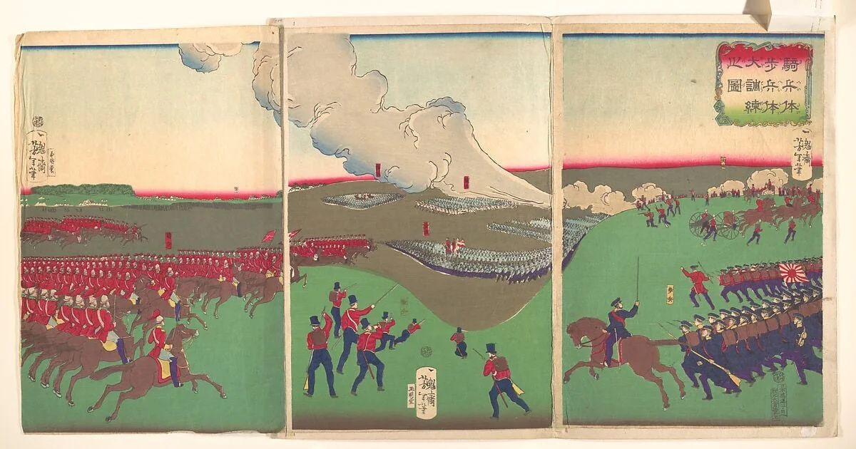 騎兵体歩兵体大調練之図|Illustration of Cavalry, Infantry and Soldiers Retreating (Kiheitai, hoheitai, daichōren no zu), detail