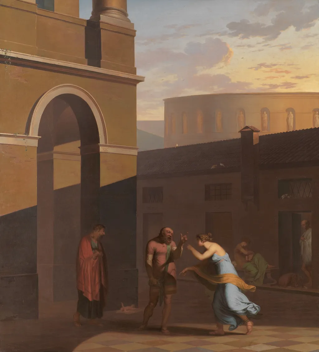 The Slave Davus and the Maid Mysis. From Terence´s Andria., by Nicolai Abildgaard, oil, 1804