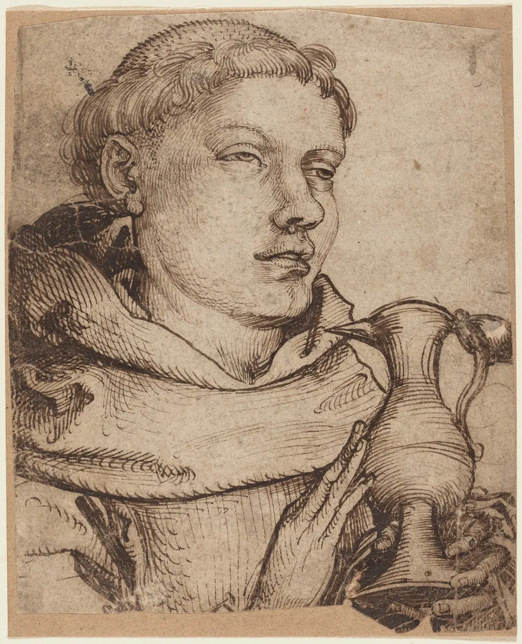 Bust of a Monk Assisting at Communion, by Martin Schongauer, ink, 1470