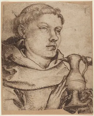 Bust of a Monk Assisting at Communion, by Martin Schongauer, ink, 1470